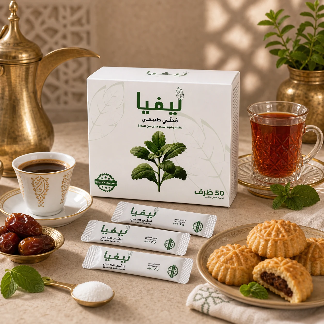 LEAVIA products arranged with tea and dessert