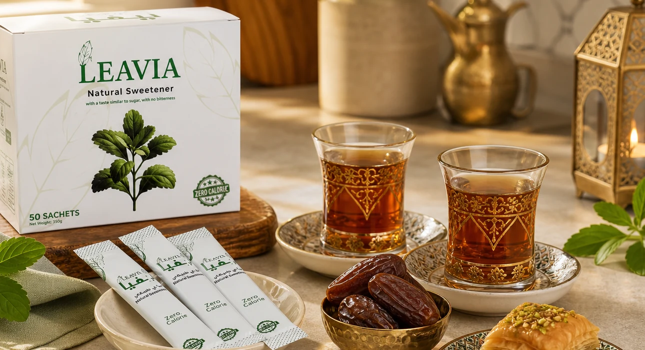 LEAVIA products served with tea and dates