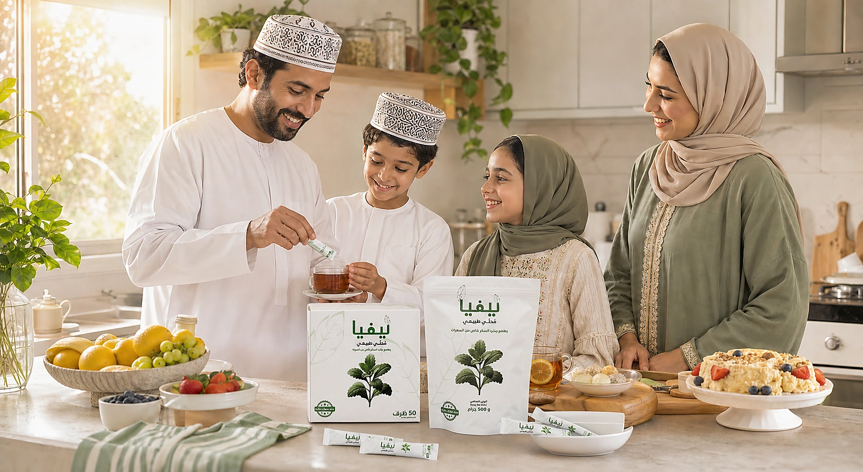 Middle Eastern family sharing a meal with LEAVIA products