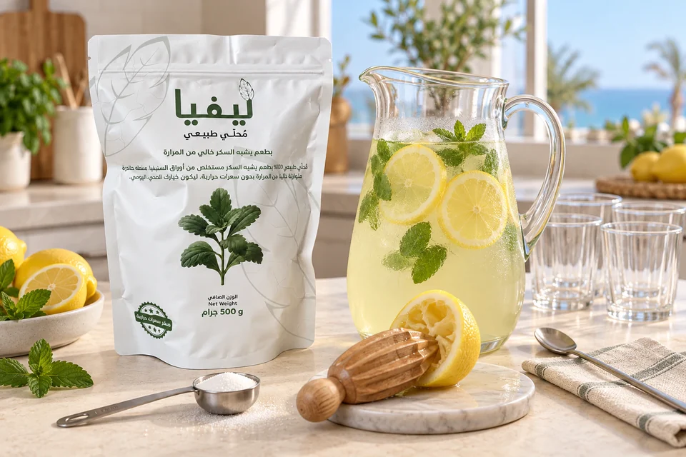 LEAVIA 500g袋装搭配一壶柠檬薄荷饮品。